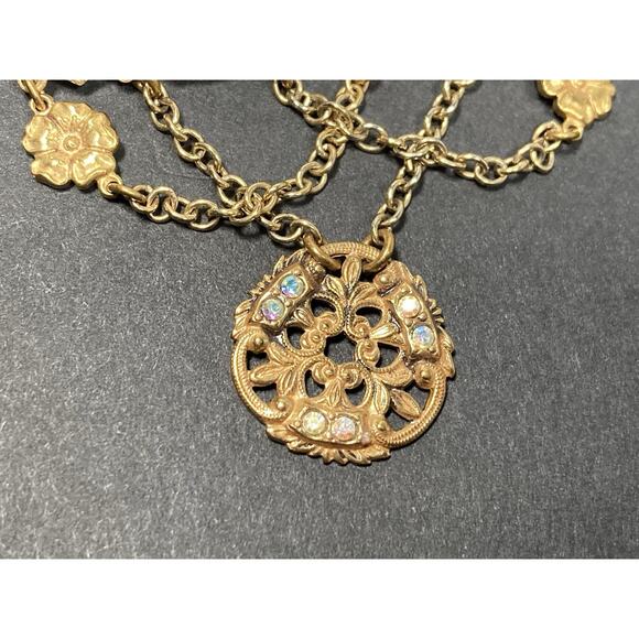 Vintage Victorian Revival Brass Tone Dangle Chain Brooch Rhinestones Festoon - Picture 5 of 11